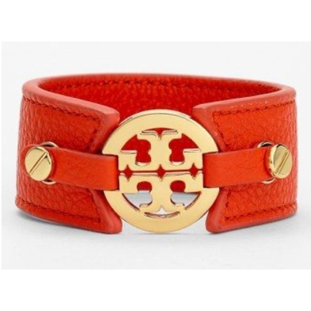 Tory Burch Reva Logo Cuff Bracelet Orange Wide Leather Double Snap Wrap